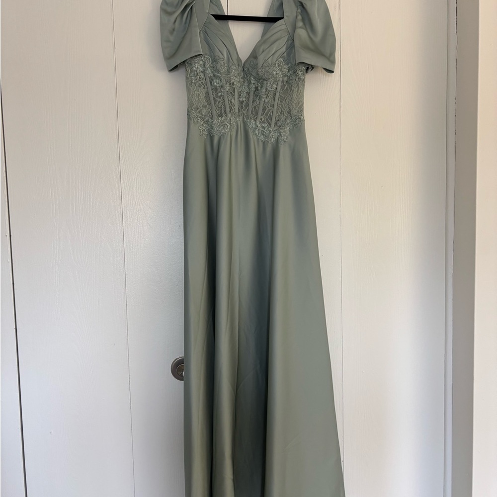 Azazie Agave Green Lace-Accented Maxi Dress